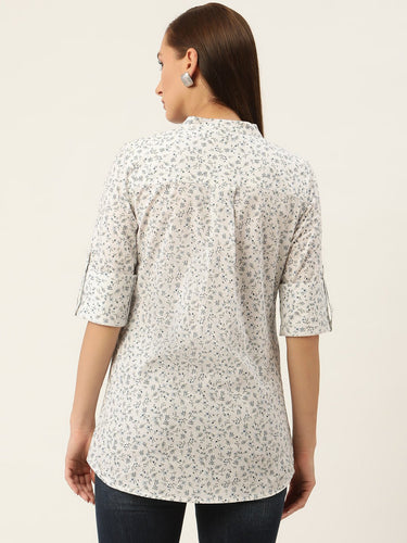 Off White & Grey Floral Print Roll - Up Sleeves Shirt Style Top - RueCollections